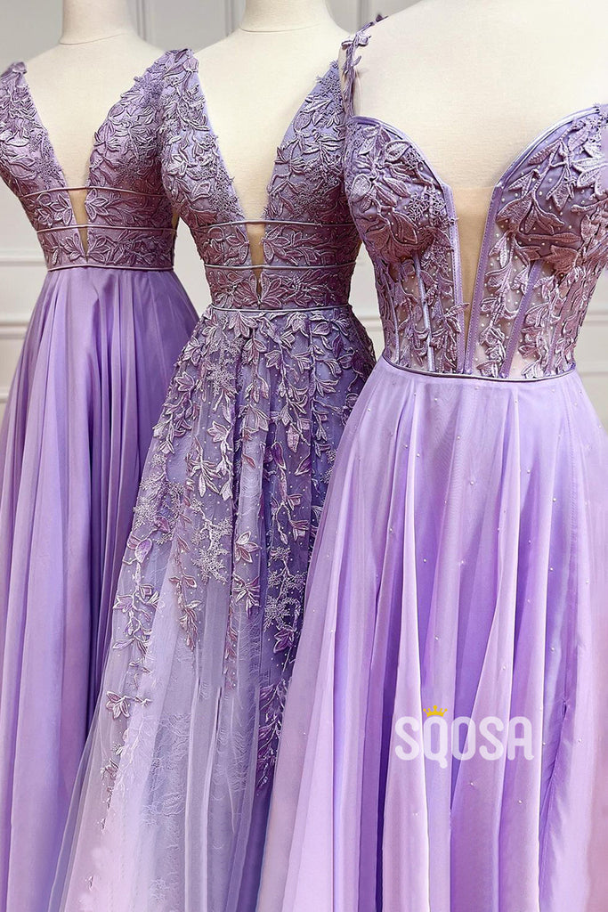 A-line Deep V-Neck Lace Appliques Lilac Prom Dress QP3083|SQOSA