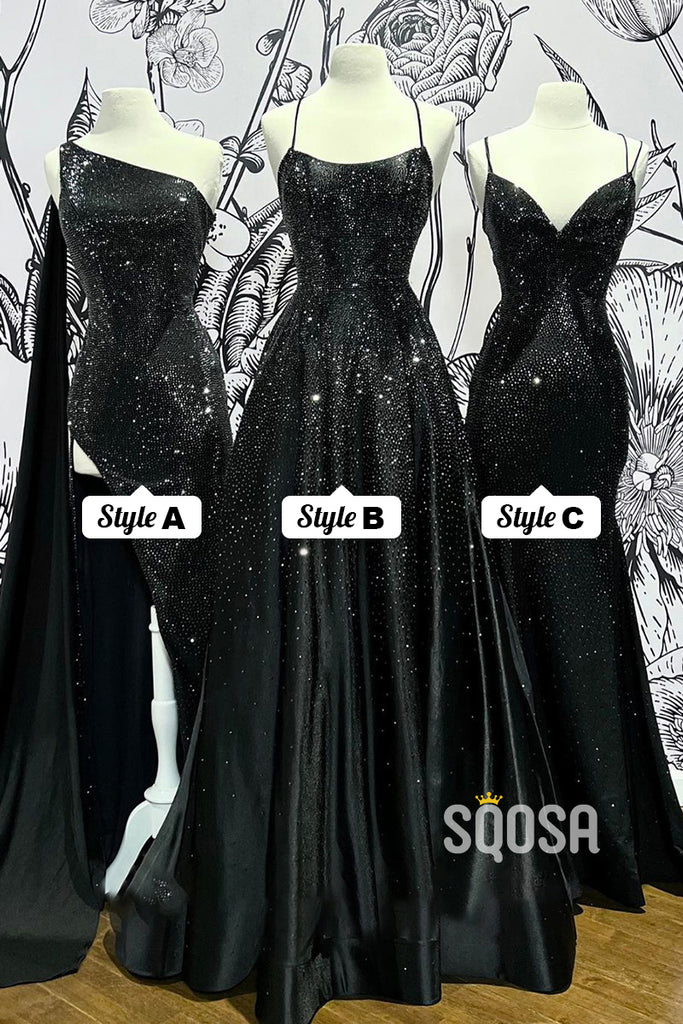 Spagghetti Straps Beads Black Sparkly Prom Dress QP3085|SQOSA