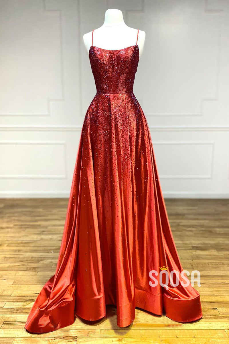 Women's Spaghetti Straps Beads Sparkly Prom Dress QP3086|SQOSA