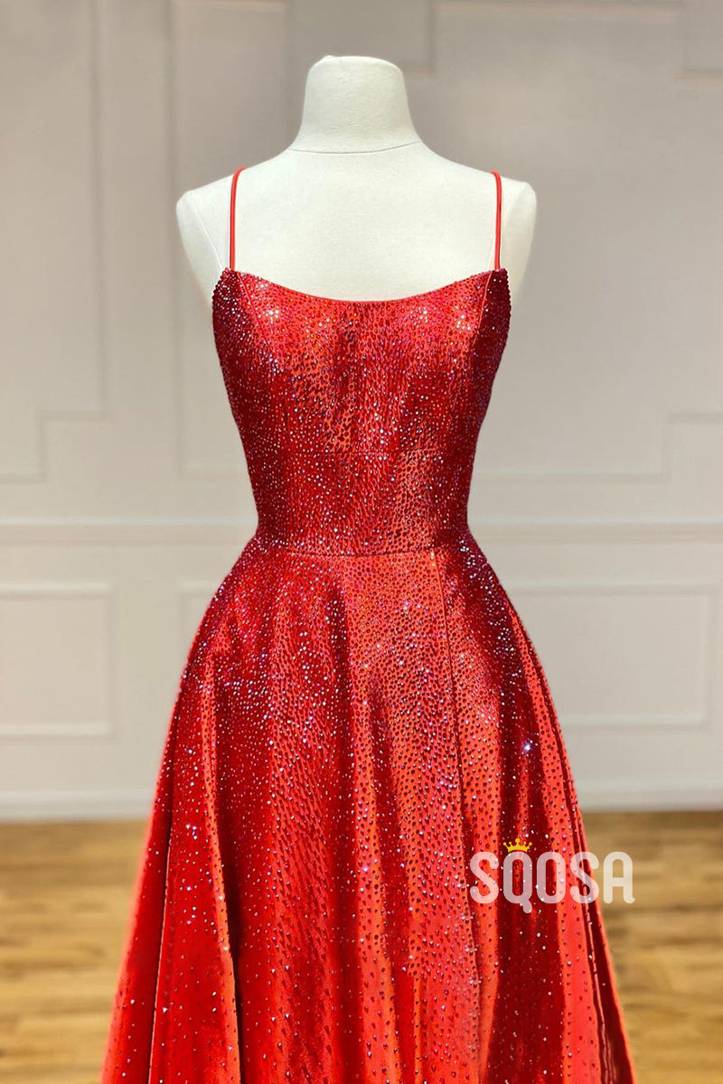 Women's Spaghetti Straps Beads Sparkly Prom Dress QP3086|SQOSA