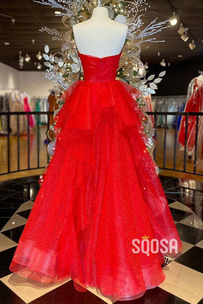 A-line Sweetheart Red Tulle Ruffles Long Prom Dress QP3087|SQOSA