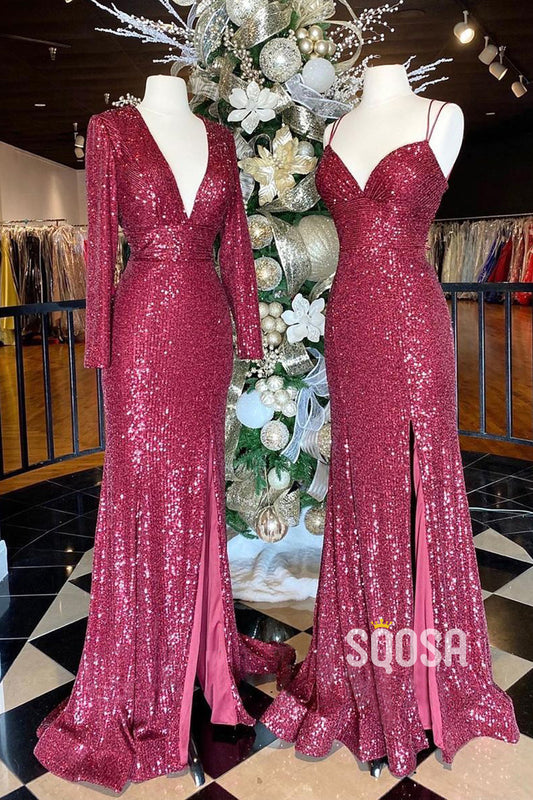 Plunging V-Neck Sequins Slit Sparkly Prom Dress QP3089|SQOSA