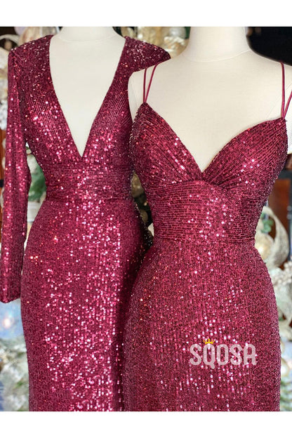 Plunging V-Neck Sequins Slit Sparkly Prom Dress QP3089|SQOSA