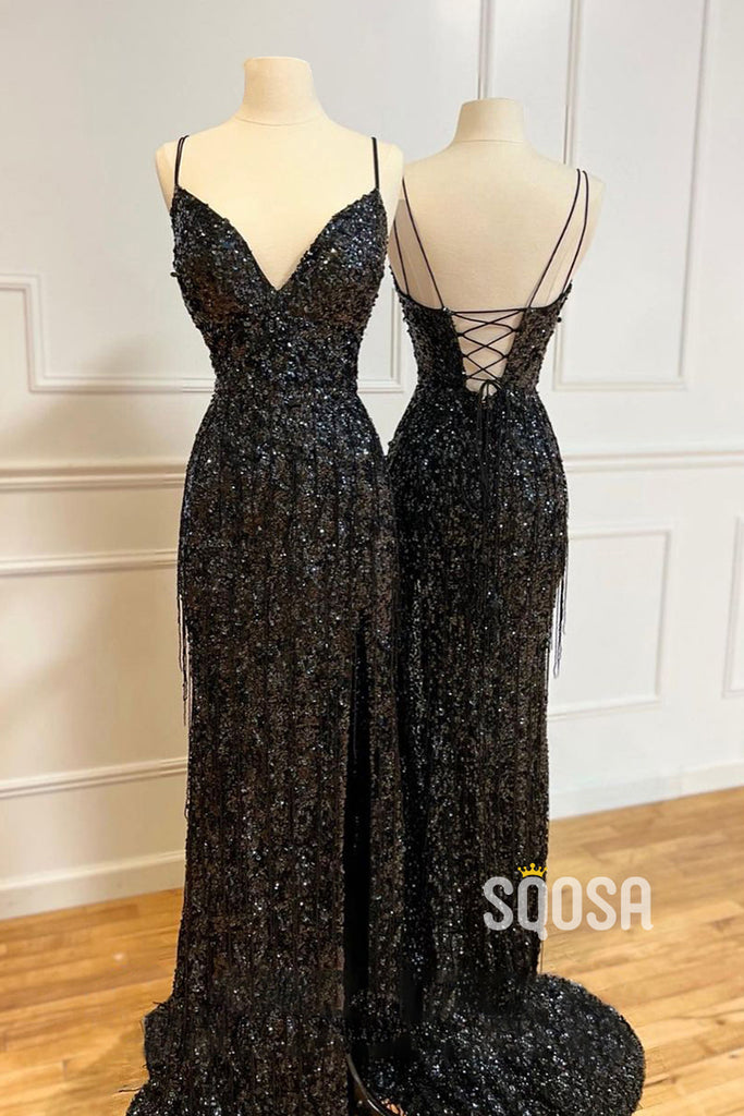 Sexy V-Neck Black Sequins Sparkly Prom Dress QP3090|SQOSA