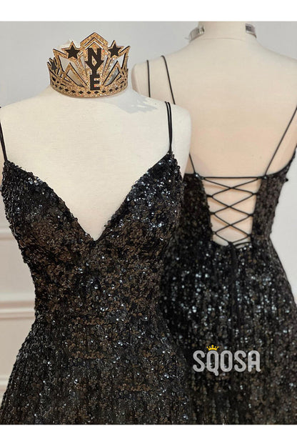 Sexy V-Neck Black Sequins Sparkly Prom Dress QP3090|SQOSA
