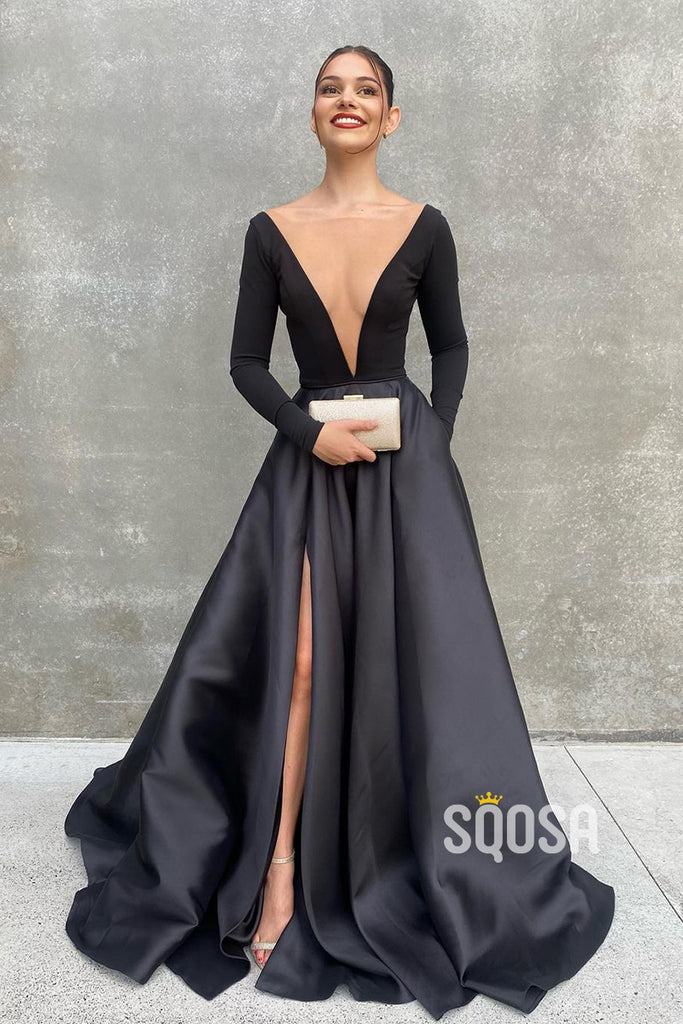 Attractive Deep V-Neck Long Sleeves Black Prom Dress with Pockets QP3091|SQOSA