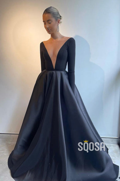 Attractive Deep V-Neck Long Sleeves Black Prom Dress with Pockets QP3091|SQOSA