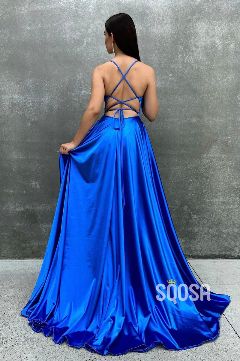 Chic Scoop Blue Satin Pleats Split Simple Prom Dress with Pockets QP3094|SQOSA