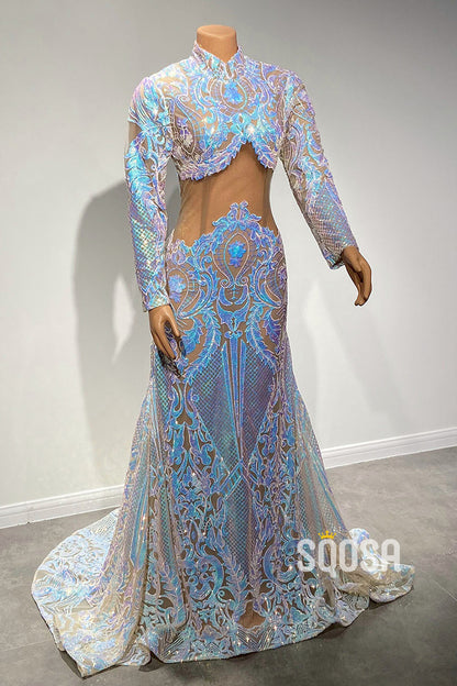 Unique High Neck Sequins Appliques Mermaid Prom Dress for Black Girl QP3100