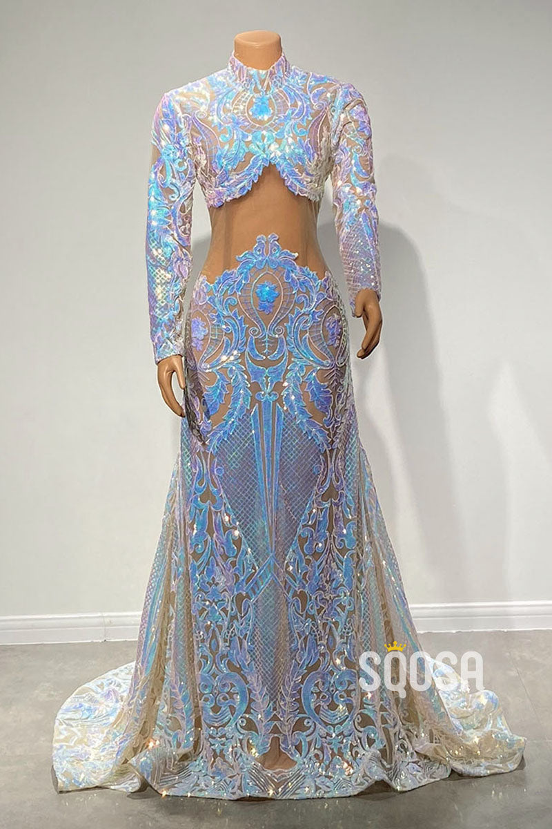 Unique High Neck Sequins Appliques Mermaid Prom Dress for Black Girl QP3100|SQOSA