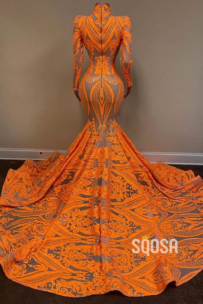 Unique High Neckline Sequins Appliques Long Sleeves America Mermaid Prom Dress QP3101|SQOSA