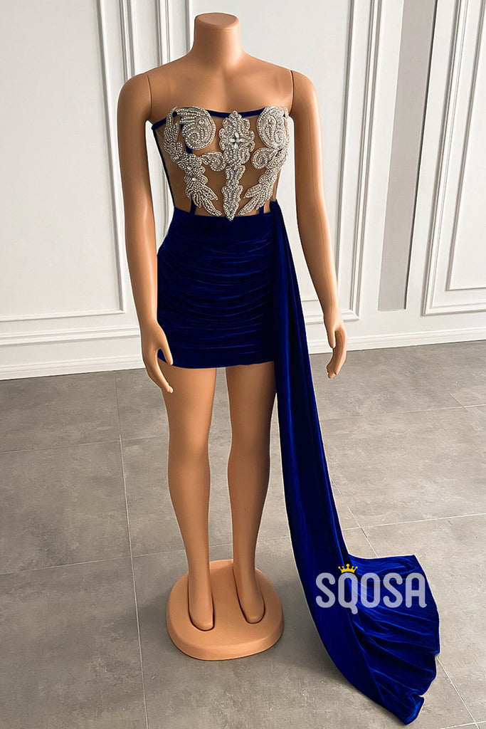 Strapless Heavy Beads Velvet Short Africa Prom Dress for Black Girl QP3102|SQOSA