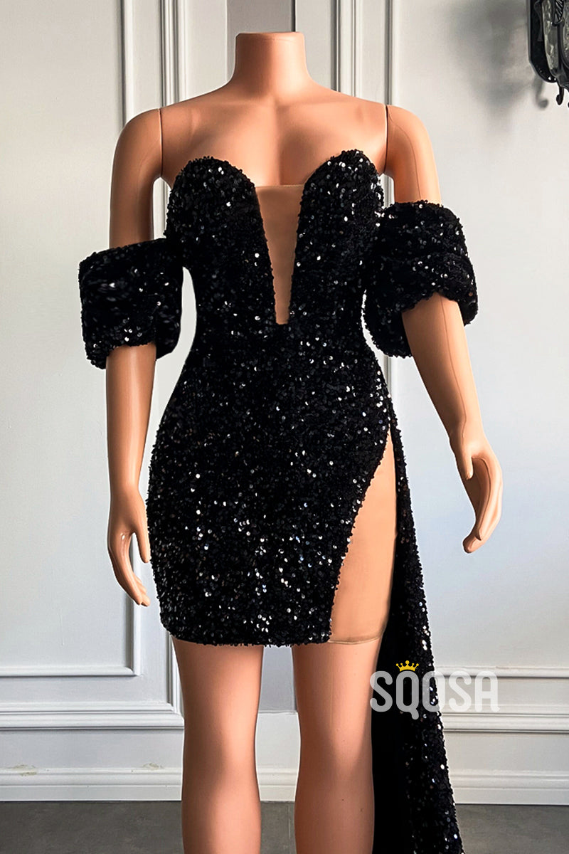 Attractive V-Neck Short Sleeves Sequins Sparkly Prom Dress for Black Girls Slay QP3103|SQOSA