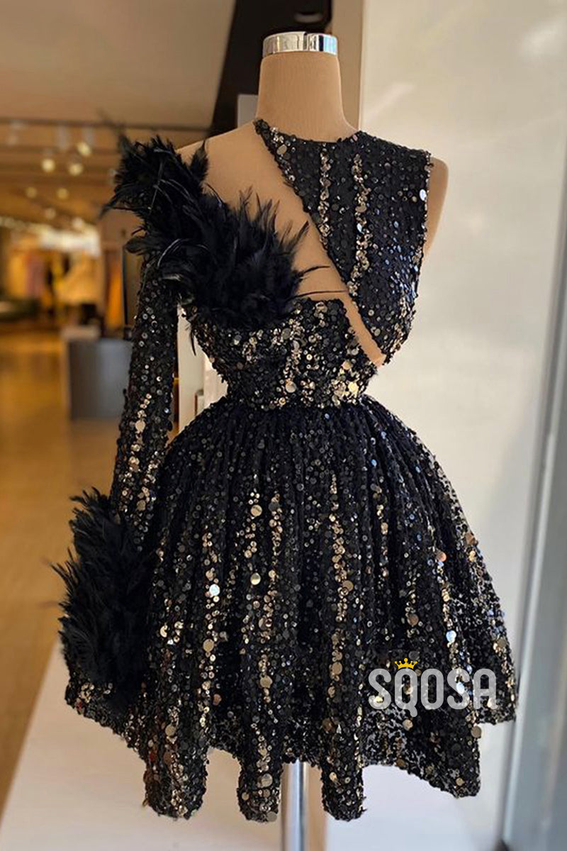 Unique Bateau Feathers Black Long Sleeves Short Prom Dress for Black Girls Slay QP3105|SQOSA