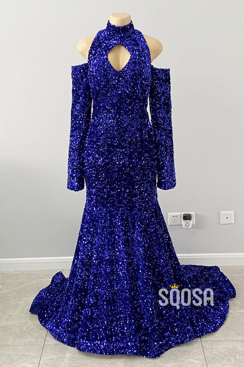Unique High Neckline Long Sleeves Sequins Sparkly Prom Dress Black Dress for Slay QP3109|SQOSA