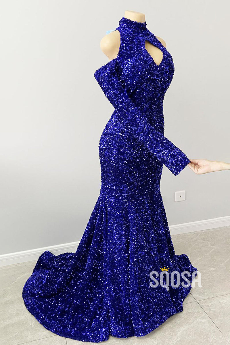 Unique High Neckline Long Sleeves Sequins Sparkly Prom Dress Black Dress for Slay QP3109|SQOSA