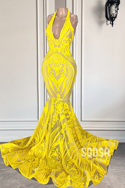 Chic Halter Sequins Appliques Mermaid Afric Prom Dress Black Girls Slay QP3112|SQOSA