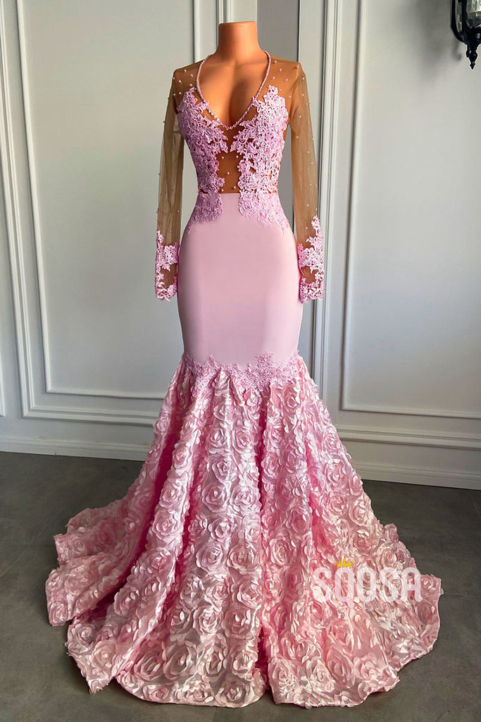 Sexy V-Neck Lace Appliques Long Sleeves Mermaid Afric Prom Dress Black Girls Slay QP3114|SQOSA