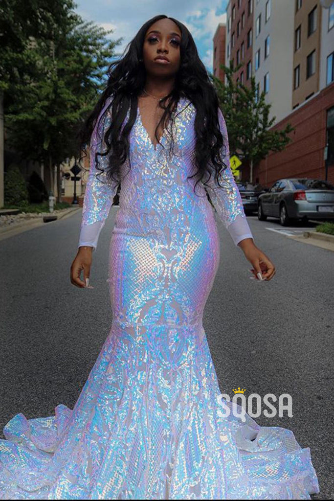 Plunging V-Neck Sequins Appliques Long Sleeves Afric Prom Dress Black Girls Slay QP3115|SQOSA