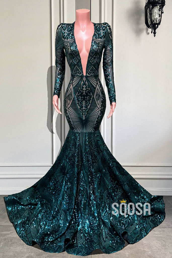 Attractive V-Neck Sequins Appliques Long Sleeves Mermaid Prom Dress Black Girls Slay QP3116