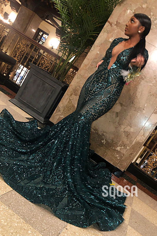 Attractive V-Neck Sequins Appliques Long Sleeves Mermaid Prom Dress Black Girls Slay QP3116|SQOSA