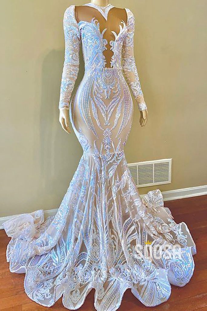 Unique High Neckline Sequins Appliques Mermaid Afric Prom Dress with Sleeves QP3117|SQOSA
