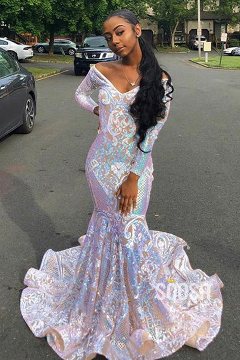 Sexy V-Neck Sequins Appliques Long Sleeves African Prom Dress Black Girls Slay QP3118|SQOSA