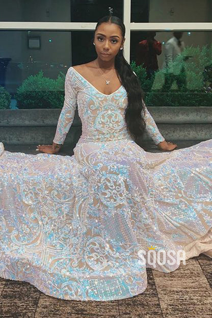 Sexy V-Neck Sequins Appliques Long Sleeves African Prom Dress Black Girls Slay QP3118