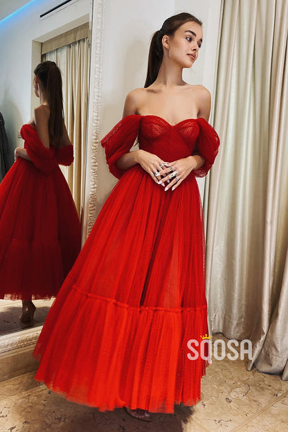Off the Shoulder Tulle Red Prom Ball Gown QS2180