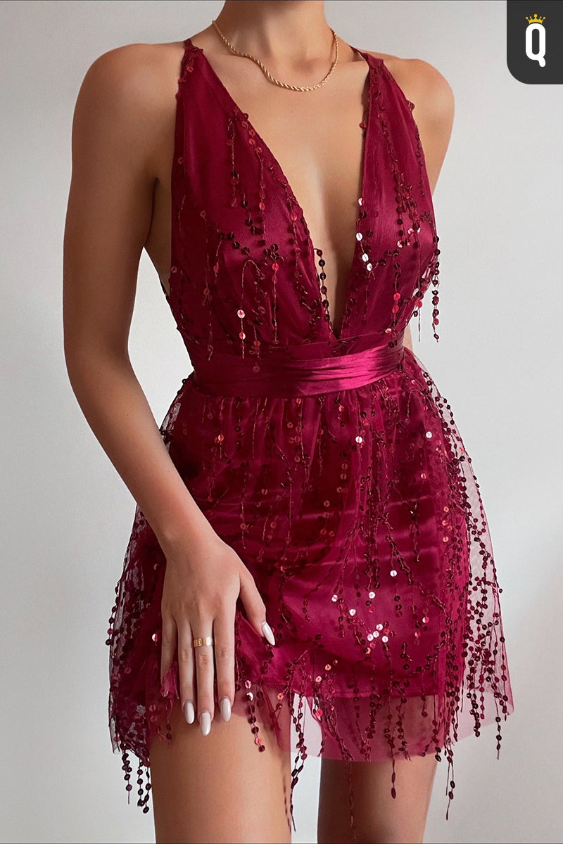 Attractive V-Neck Lace Burgundy Short Homecoming Dress QS2358
