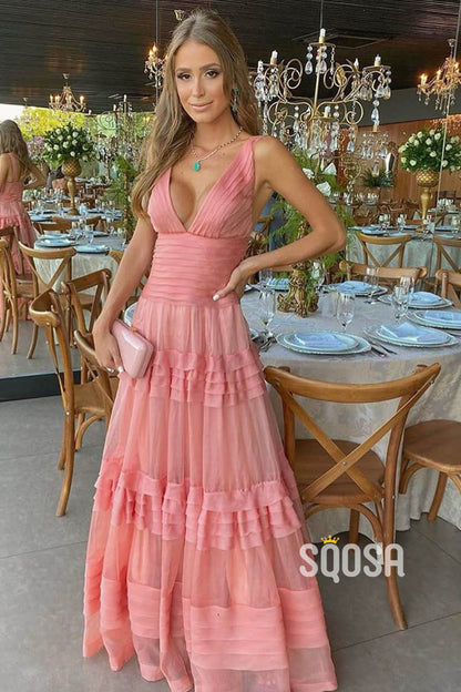 A-line V-neck Pink Tulle Tiered Long Formal Evening Dress QP2389|SQOSA