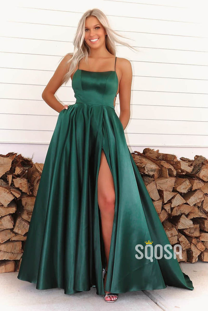 A-line Green Satin Scoop High Split Long Prom Dress with Pockets QP2395|SQOSA