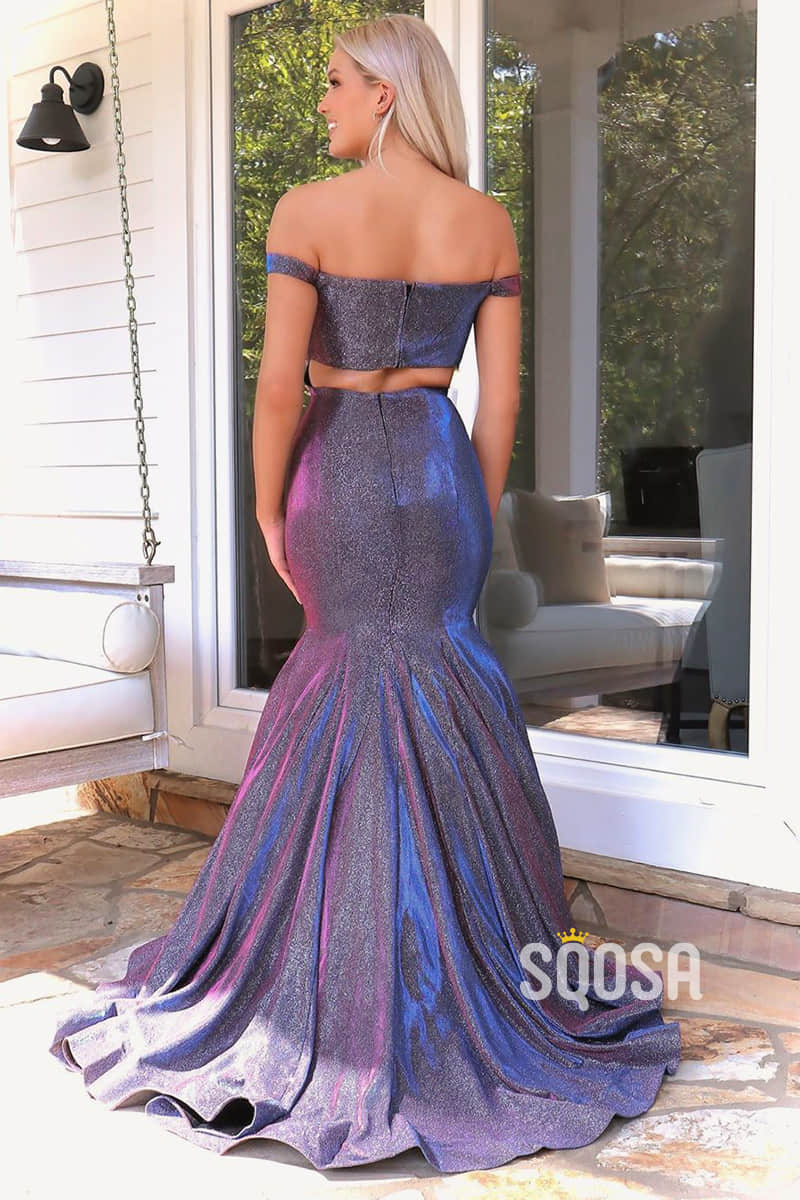 Mermaid/Trumpet Chic Off-Shoulder Purple Long Prom Dress Glitter Pageant Dress QP2398|SQOSA