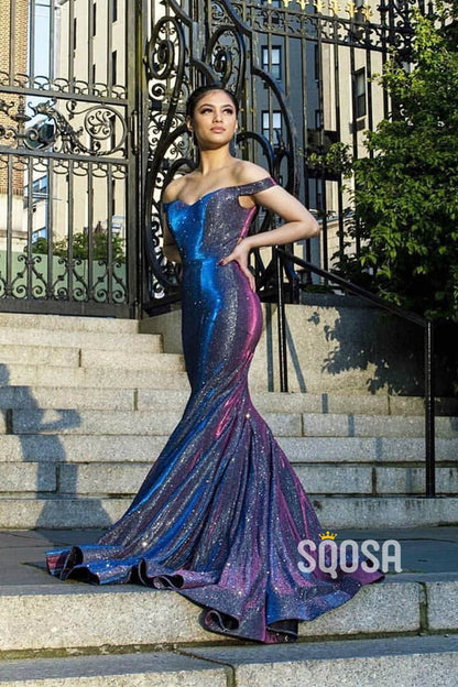 Mermaid/Trumpet Chic Off-Shoulder Purple Long Prom Dress Glitter Pageant Dress QP2398