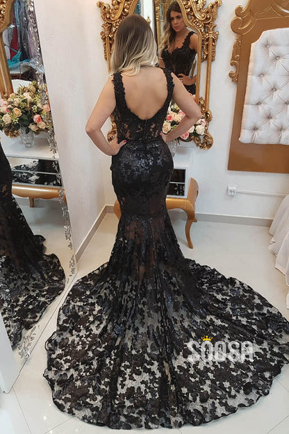 Mermaid/Trumpet Evening Dress Black Tulle Appliques Long Formal Dress QP2406|SQOSA