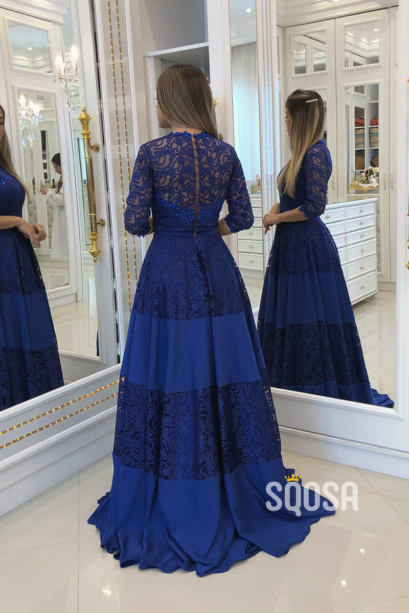 A-line Round Neckline Royal Blue 3/4 Sleeves Long Formal Evening Dress QP2432|SQOSA