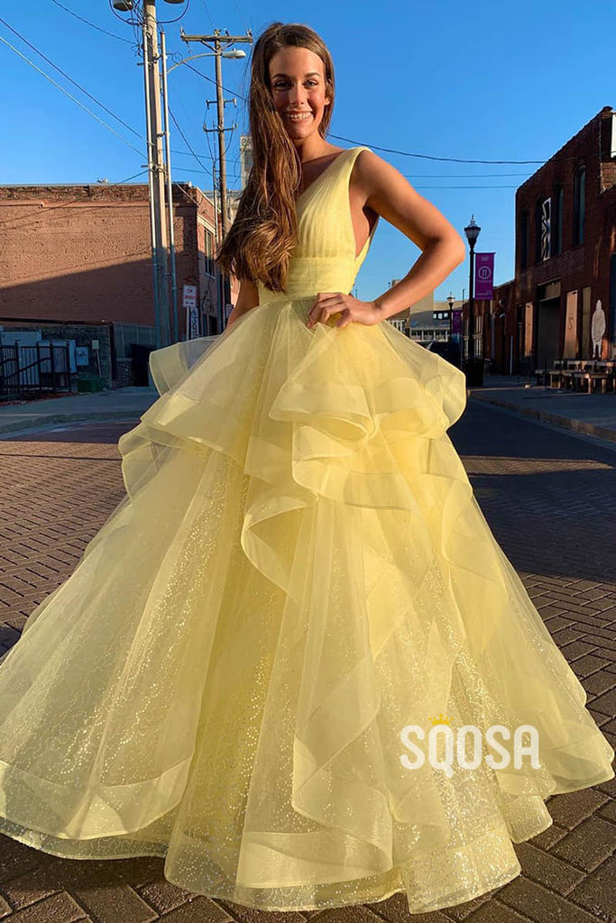 Ball Gown Yellow Tulle Attractive V-neck Long Senior Prom Dress Pageant Dress QP2245|SQOSA