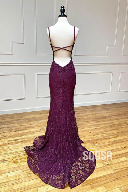 Mermaid/Trumpet Spaghetti Straps Grape Lace Beaded Long Prom Dress Formal Evening Dress QP2452|SQOSA
