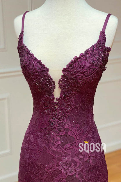 Mermaid/Trumpet Spaghetti Straps Grape Lace Beaded Long Prom Dress Formal Evening Dress QP2452|SQOSA