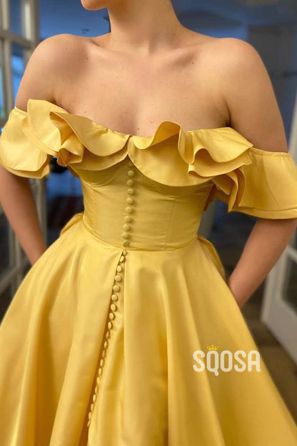 A-line Unique Off-the-Shoulder Yellow Satin High Split Long Prom Dress with Pockets QP2459