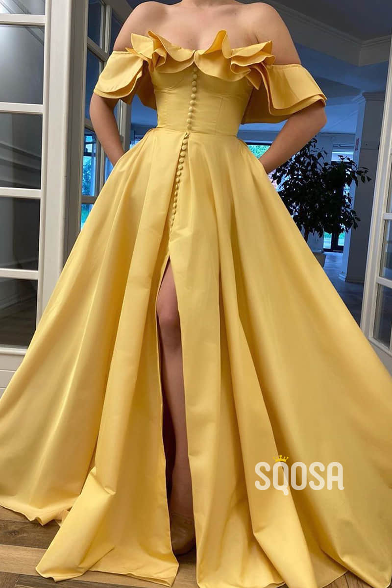 A-line Unique Off-the-Shoulder Yellow Satin High Split Long Prom Dress with Pockets QP2459|SQOSA