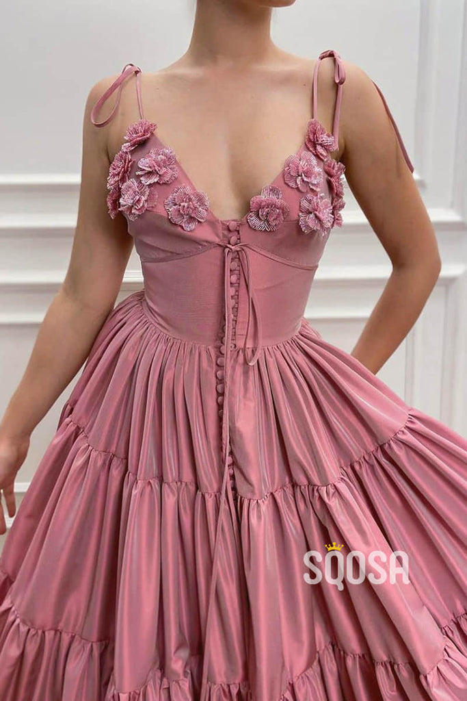 A-line Spaghetti Straps 3D Appliques Long Prom Dress Formal Evening Gown QP2461|SQOSA