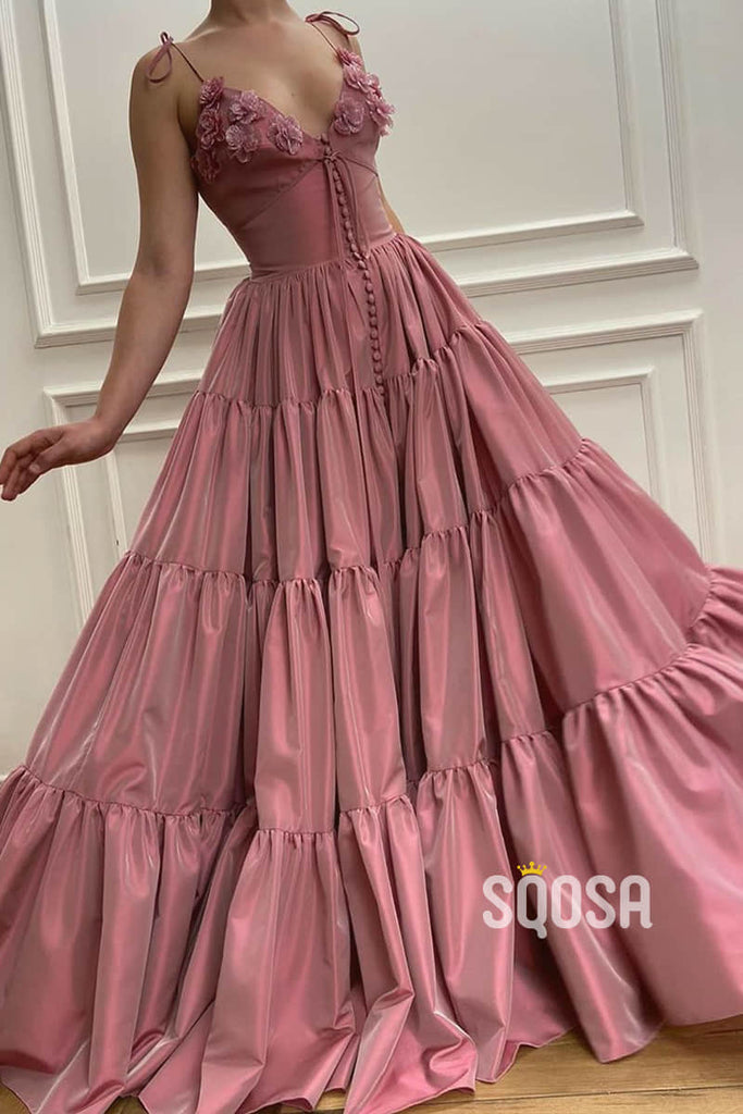 A-line Spaghetti Straps 3D Appliques Long Prom Dress Formal Evening Gown QP2461|SQOSA