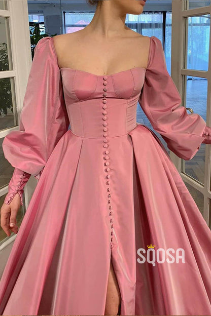 A-line Sweetheart Chic Button High Split Long Sleeves Prom Dress Formal Evening Dress QP2463|SQOSA
