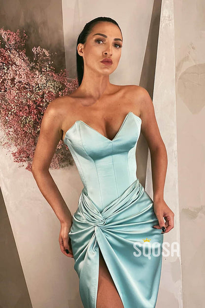 Sheath/Column Sky Blue Stretch Satin V-neck High Split Long Prom Dress QP2476|SQOSA