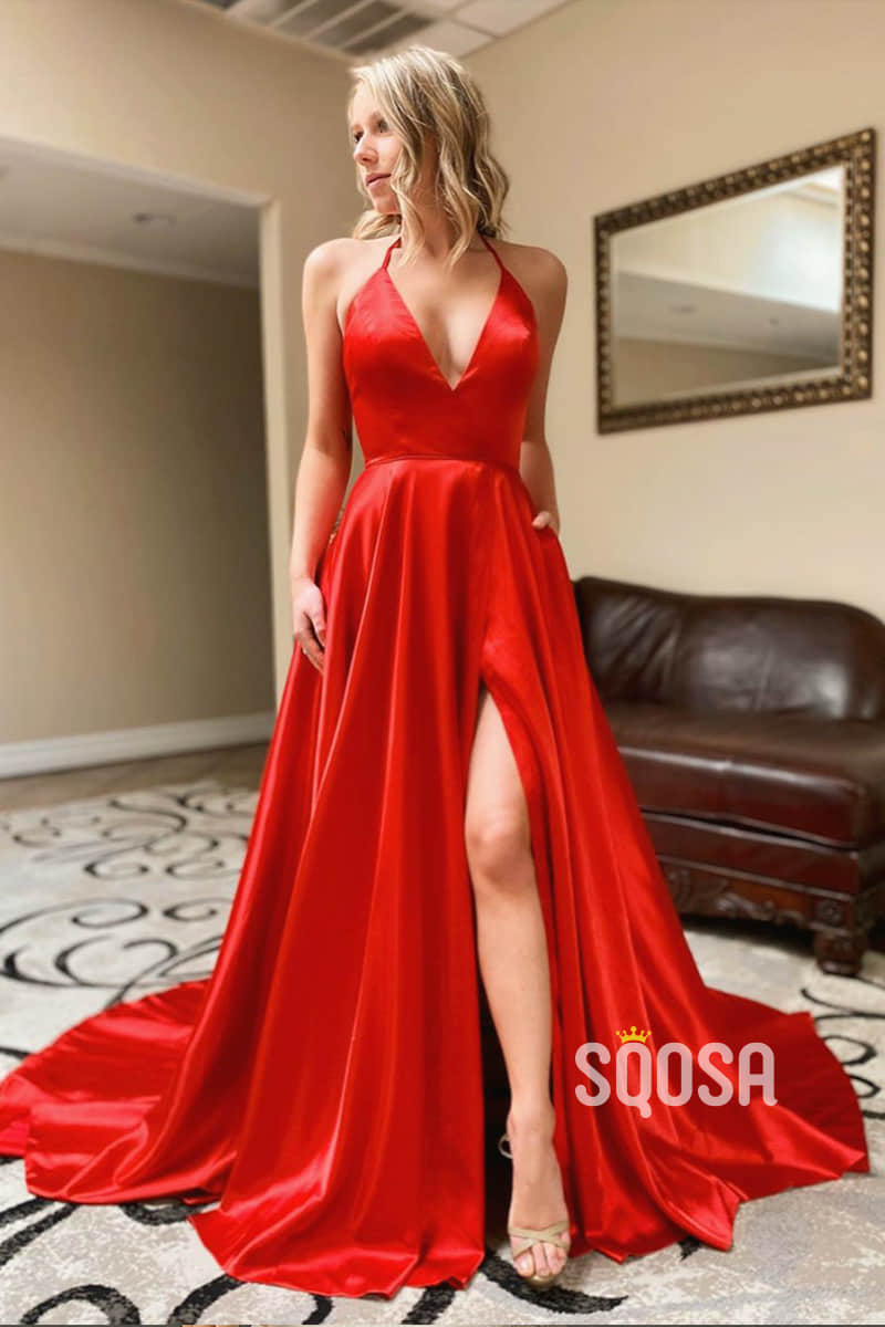 A-Line Halter Red Stretch Satin High Split Simple Prom Dress with Pockets QP2479|SQOSA