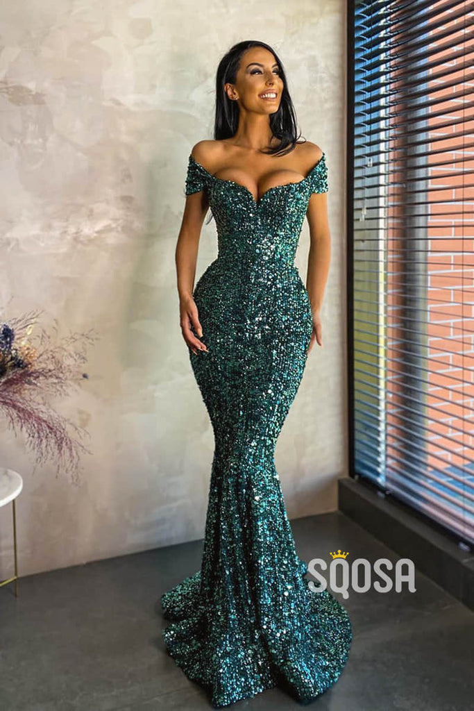 Mermaid/Trumpet Formal Evening Dress Chic Off-the-Shoulder Sequins Prom Dress Glitter QP2491|SQOSA