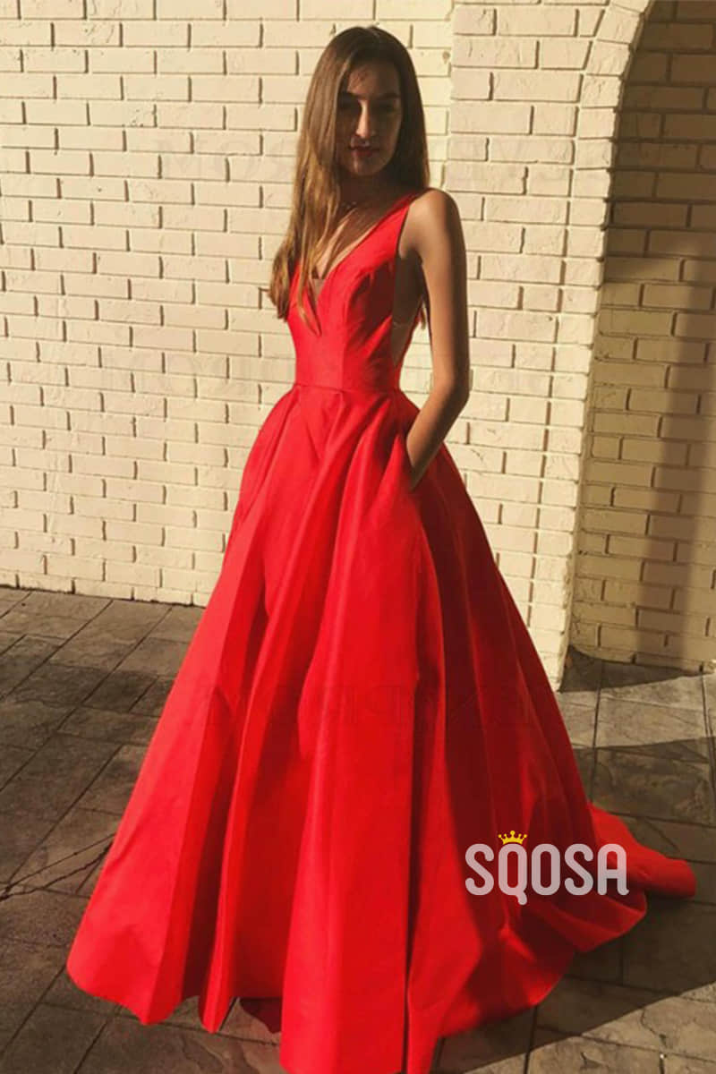 A-line V-neck Red Satin Simple Prom Dress with Pockets Pageant Dress QP2494|SQOSA