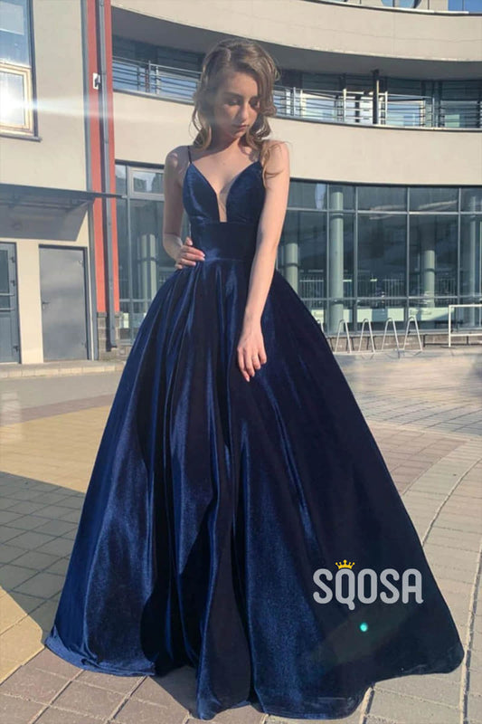 A-line Spaghetti Straps Navy Velvet Long Simple Prom Dress with Pockets QP2502|SQOSA