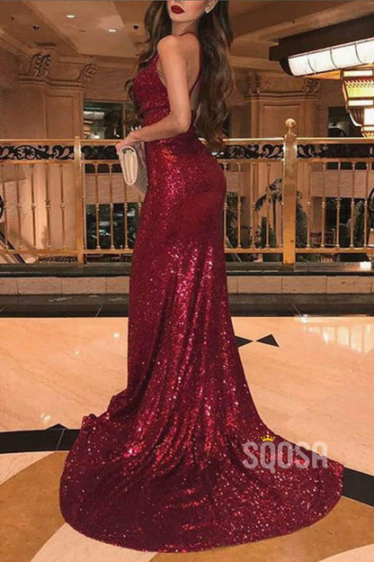 Burgundy Sequins Spaghetti Straps V-neck Mermaid Sparkle Prom Dress with Slit QP2121|SQOSA